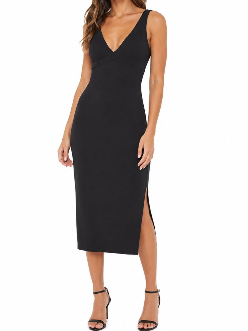 ABERCROMBIE & FITCH Bodycon Midi Dress Black XS V-Neck Stretch Empire Waist LBD